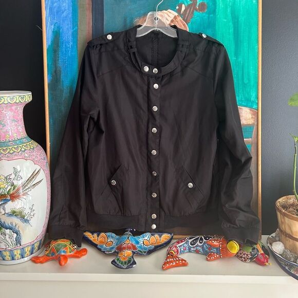 Y2K Elegant Black Bomber Jacket with Silver Buttons by Coupé M - Picture 16 of 16